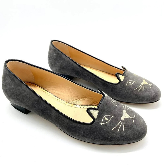 Charlotte Olympia Kitty Cat Gray Suede Flats Loafers, EU 38 US 7.5-8 - Picture 4 of 12